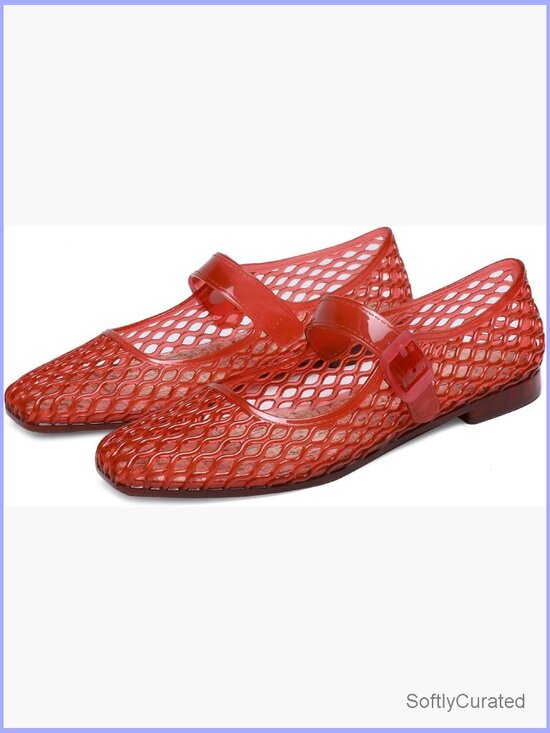 Shoes - Square Toe Mesh Ballet Flats Women Clear Jellies Buckle Strap Beach Flats